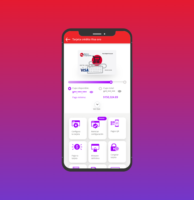 Celular mostrando la App Personas Finandina y en ella se puede ver la Tarjeta de Crédito VISA Oro Digital