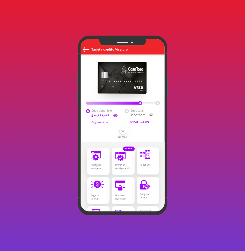Celular mostrando la App Personas Finandina y en ella se puede ver la Tarjeta de Crédito VISA CasaToro Digital
